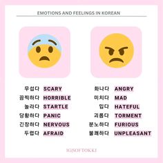 two emoticions and feelings in korean text on a pink background with the words emotions and feelings in korean