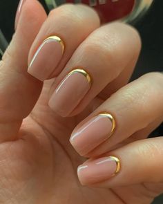 Embrace simplicity with these classy and short neutral nail designs. Perfect for any occasion, these trendy nude nails with gold will effortlessly elevate your fingertips. Inverted Manicure, Gold Cuticle Nails, Nail Board, Lines On Nails, Her Nails, Short Nail Designs, Chic Nails, Nail Polishes