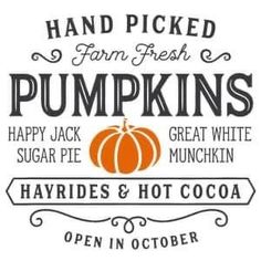 pumpkins and hot cocoa are featured in this hand - lettered sign