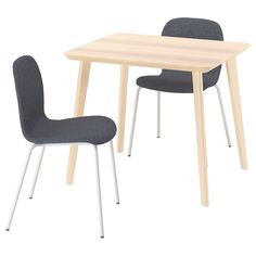 two chairs and a table with one chair upholstered to the side, in front of a white background