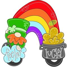 a pot full of gold coins next to a rainbow and the word lucky written on it