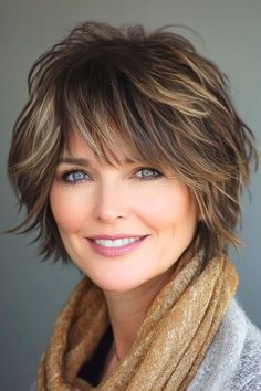 Save this pin for the best shag hairstyles for women over 50. This cropped shag brings a bold and energetic vibe with its shorter length and chunky layers. It’s a great option for anyone looking for a shag that’s full of movement without too much length. Layered Short To Medium Haircuts, Short Shag Fine Hair Over 50, Short Thick Straight Hairstyles, Short Shag Hairstyles Thick Hair, Hair Cuts For Thinner Hair Straight, Cropped Shag Haircut, Medium Wavy Haircuts For Women, Face Slim Hairstyles, Over 50 Short Hairstyles For Women