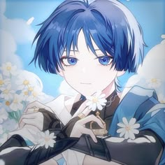 an anime character with blue hair and white daisies in front of a sky background