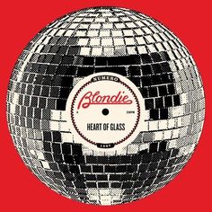 a disco ball on a red background with the words blondie heart of glass in it