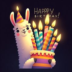 a llama with birthday candles on it's head is next to a cake