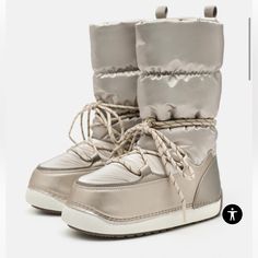 Zara Water Resistant Padded Boot With Adjustable Draw Strings For Maximum Protection And Comfort Against The Elements. European Size 38, Roughly Us Size 7.5 Silver Moon Boots, Ski Clothes, Metallic Boots, Ankle Rain Boots, Uniqlo Bags, Zara Boots, Vintage Chanel Handbags, Lug Sole Boots, Metallic Look