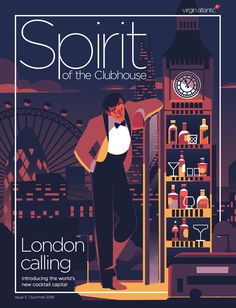 an advertisement for spirit of the clubhouse featuring a man standing in front of a clock tower