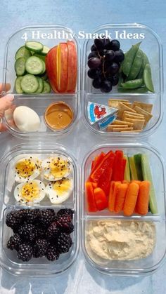 four plastic containers filled with different types of food