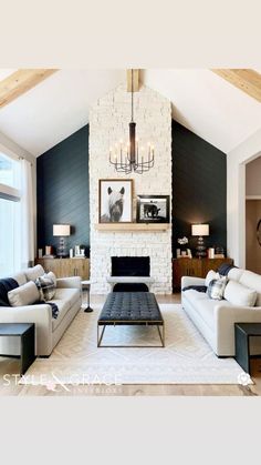 a living room filled with furniture and a fire place in the middle of a room