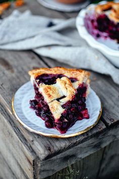 a slice of pie on a plate with blueberries