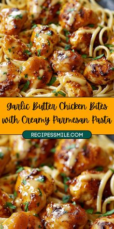 chicken bites with creamy parmesan pasta is an easy and delicious dinner that's ready in less than 30 minutes