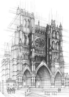 a drawing of a cathedral with a clock on it