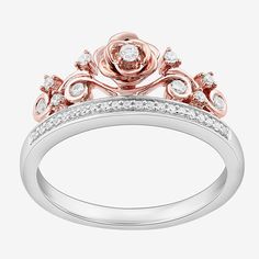 Channel your inner princess with this stunning two-tone Enchanted Disney Fine Jewelry cocktail ring to honor Belle from Beauty and the Beast. Crafted from 14K Rose Gold Over Silver and Sterling Silver, it features an intricate rose-shaped design and comes set with round-cut natural diamonds. Ring Style: Cocktail RingsFeatures: Quick ShipCharacter: Beauty And the Beast, Disney Princess, BelleDiamond Clarity: I2-I3Setting: Multi-SettingShape: FlowerStone Cut: RoundDiamond Color: I-JMetal Color: Tw Disney Engagement Rings, Belle Princess, Beauty And The Beast Belle, Disney Enchanted, Enchanted Disney, Enchanted Disney Fine Jewelry, Disney Fine Jewelry, Vintage Engagement Rings Sapphire, Silver Cocktail