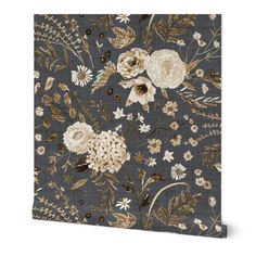 a blue floral wallpaper with white and brown flowers