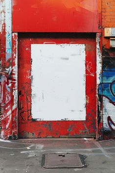 an old red door with graffiti on it