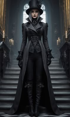 Discover a wider selection of dresses and gothic attire by visiting the link! This stunning gothic ensemble features a long, tailored coat with intricate lace details, a form-fitting corset, sleek pants, and knee-high boots, all paired with a dramatic top hat, creating a look of timeless dark sophistication. #GothicFashion #VictorianGoth #DarkElegance #GothicStyle #FashionInspiration #AI Gothic Clothing Ideas, Victorian Gothic Fashion Women, Moon Witch Outfit, Long Black Dress With Boots, Dark Catholicism, Gothic Outfits For Women, Gothic Attire, Fantasy Attire, Gothic Mini Dress