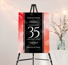 an easel with a sign that says celebrating 35 years