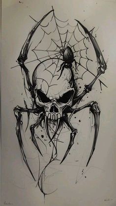 a black and white drawing of a skull with spider webs on it's face