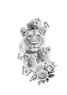 a lion and two cubs surrounded by roses with butterflies on their heads, all in black and white