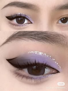 Korean Eye Shadow Makeup, Blue Hour Makeup, Purple Hair Outfit What To Wear With, Light Purple Makeup, Purple Makeup Tutorial, Makeup Hooded Eyes, Eyeshadow Purple, Purple Makeup Looks, 20 Makeup