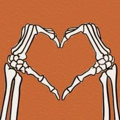 two hands in the shape of a heart with skeleton bones on an orange background illustration