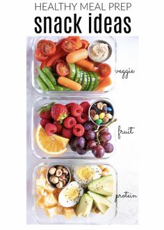 two plastic containers filled with food and the words healthy meal prep snack ideas on top