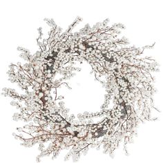 a wreath with white flowers and brown stems on a white background, ready to be used as an ornament