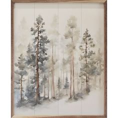 a painting with trees in the background and snow on the ground, framed by a wooden frame