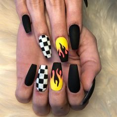 Matted Nails, Checkered Nails, Yellow Nail Art, Yellow Nail, Stylish Nails Designs, Edgy Nails, Nail Design Inspiration, Acrylic Coffin