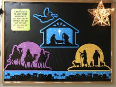 a nativity scene with the birth of jesus and three wise men in silhouettes