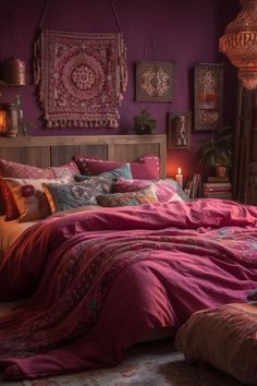 a bed room with a neatly made bed and purple walls