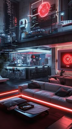 a living room filled with lots of furniture and neon lights on the ceiling above it