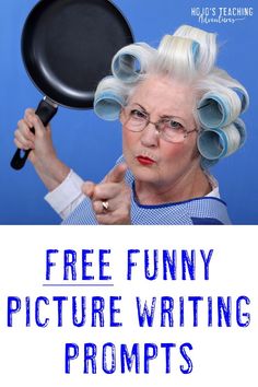 an older woman holding a frying pan over her head with the words free funny picture writing