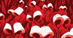 an image of many people in red and white robes with large books on their heads