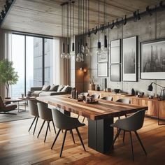 a large wooden table sitting in the middle of a living room next to a window