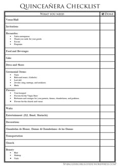 a printable quincaanera checklist with the words quincaanera on it