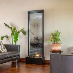 a living room filled with furniture and a tall glass case on the wall next to a couch