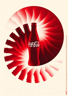 two coca cola bottles sitting on top of a red and white spiral design with the word coke in it