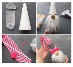 the instructions for how to make gnomes out of socks and yarn are shown in three different pictures