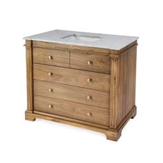 a bathroom vanity with marble top and wooden drawers on the bottom, against a white background