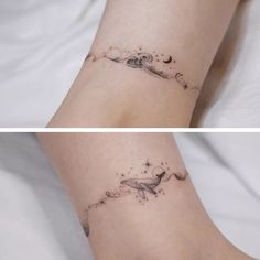 two pictures of a woman's legs with tattoos on them