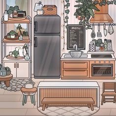 an illustration of a kitchen with plants on the shelves