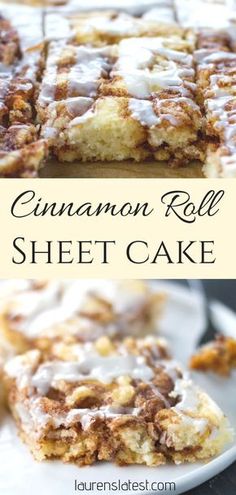 cinnamon roll sheet cake on a white plate with the title in the middle and bottom