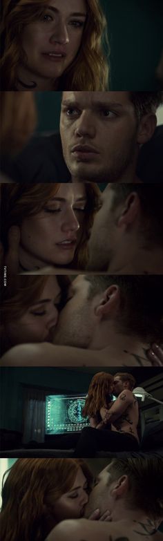 the kissing scene is shown in three different frames, including one with red hair and another with