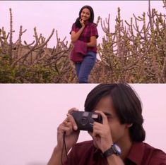 two pictures one with a woman and the other with a man holding a camera