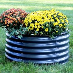 two flowers are sitting in the middle of a large black tube planter on some grass