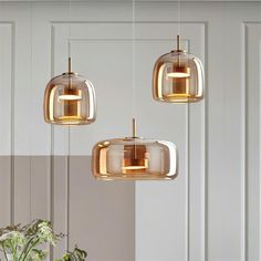 three glass pendant lights hanging from the ceiling above a dining room table with flowers on it