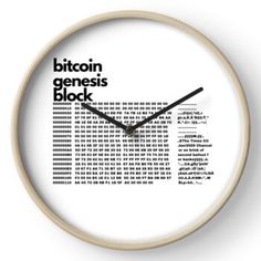 a clock with the words bitcoin, gensis and block printed on it