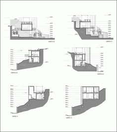 four diagrams showing the different sections of a house with windows and balconies on each side