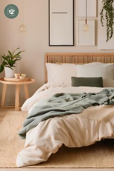 an unmade bed with blankets and pillows in a white room next to a plant